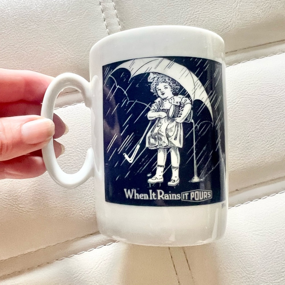 Vintage Morton Salt Girl Coffee Mug 1914 Logo Japan When It Rains It Pours
